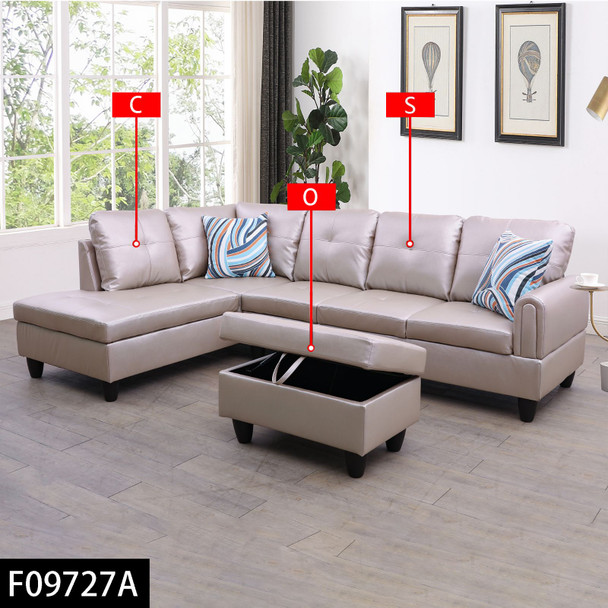 Latte 3-Piece Faux Leather Sectional Sofa with Left-Side Chaise and Lift-Top