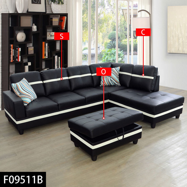 Black and White 3-Piece Semi-PU Synthetic Leather Sectional with Right-Facing