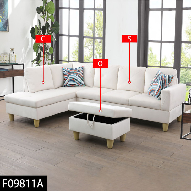 66.5-Inch White 3-Piece Flannel Sectional Sofa with Left-Facing Chaise