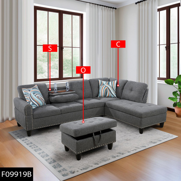 Gray 3-Piece Linen Sectional Sofa with Right-Facing Chaise Storage Ottoman