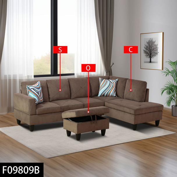 Brown 3-Piece Pineapple Fabric Sectional Sofa with Right-Facing Chaise
