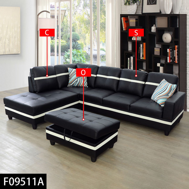 Black and White 3-Piece Semi-PU Synthetic Leather Sectional with Left-Facing