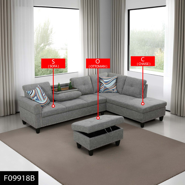 Brown Gray 3-Piece Linen Sectional Sofa with Right-Facing Chaise Storage Ottoman