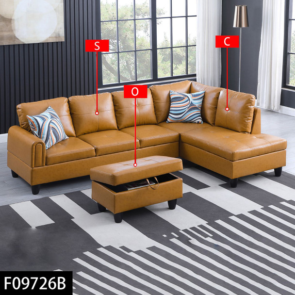 Ginger Brown 3-Piece Faux Leather L-Shaped Sectional Sofa with Right-Side Chaise