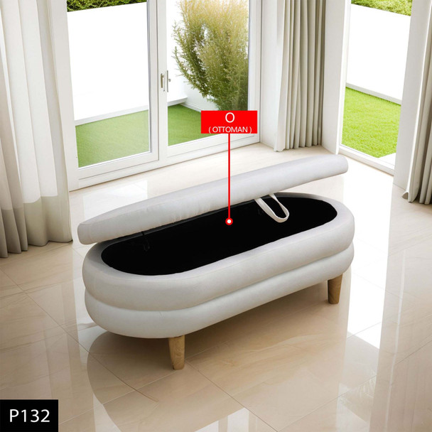 White Calico Sectional Ottoman with Padded Cushion and Tapered Legs and Supports