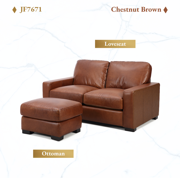 Chestnut Brown Top-Grain Leather Loveseat with Matching Ottoman and Track Arms