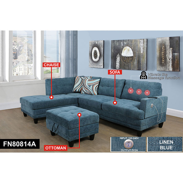 Blue Linen 3-Piece Sectional with Left-Facing Chaise Vibration Massage Seat