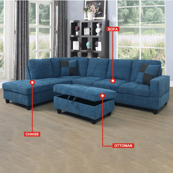 Blue Flannel Lift-Top Storage Ottoman with Tufted Cushion and Tapered Legs