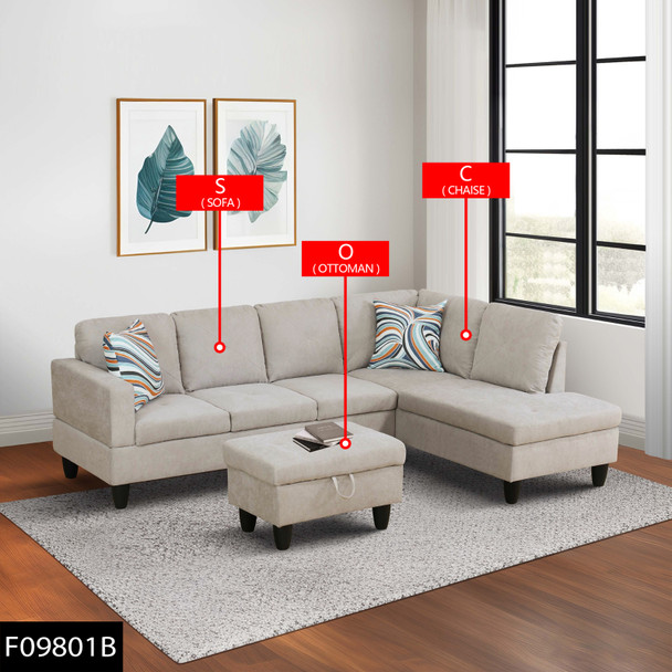 Off-White 3-Piece Flannelette Sectional Sofa with Right-Facing Chaise and Seats