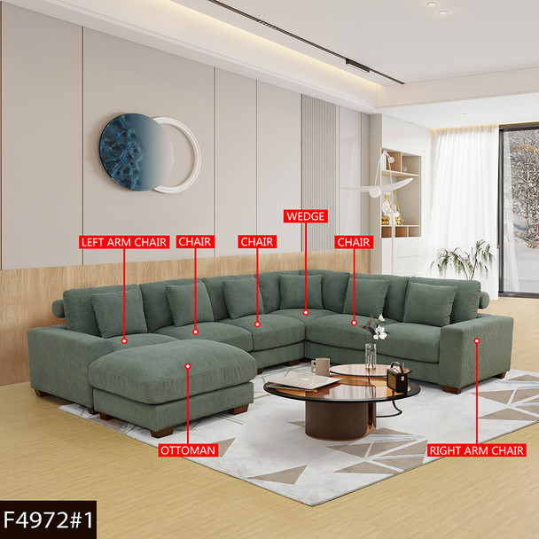 Green Corduroy Sectional Ottoman with Padded Cushion and Tapered Legs and Feet