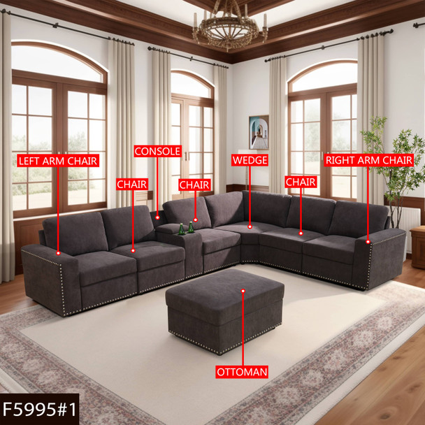 Brown Corduroy Fabric Padded Modular Sectional Ottoman with Nailhead Trim