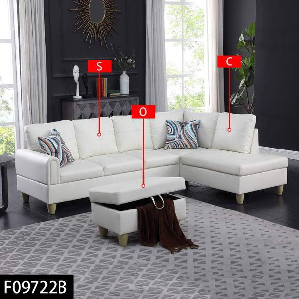 White 3-Piece Faux Leather L-Shaped Sectional Sofa with Right-Facing Chaise