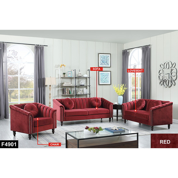 Red Microfiber Sofa with Accent Chairs Ottomans and Supportive Cushioning