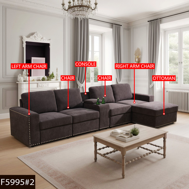 Brown 6-Piece Corduroy Modular Sofa with Cup Holder Console Ottoman and Nailhead