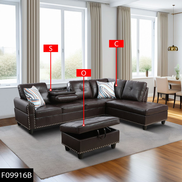 Brown 3-Piece Faux Leather Sectional Sofa with Right-Facing Chaise Storage