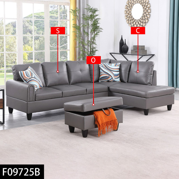 Dark Gray 3-Piece Faux Leather Sectional Sofa with Right-Facing Chaise