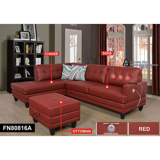71.5-Inch Red Semi-PU Synthetic Leather 3-Piece Sectional with Left-Facing