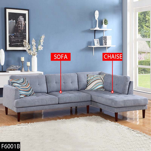 Grayish Blue 2-Piece Linen Sectional Sofa with Right-Facing Chaise and Wood Legs