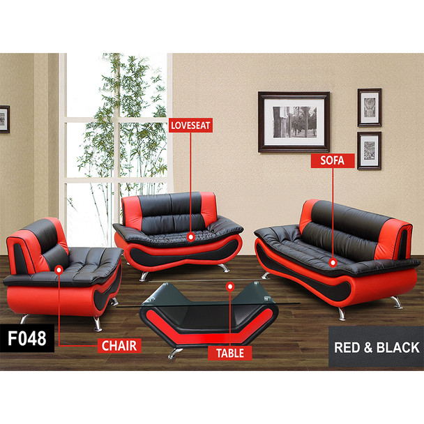 Black and Red Recycled Leather Sofa with Accent Chairs Ottomans and Padded Back
