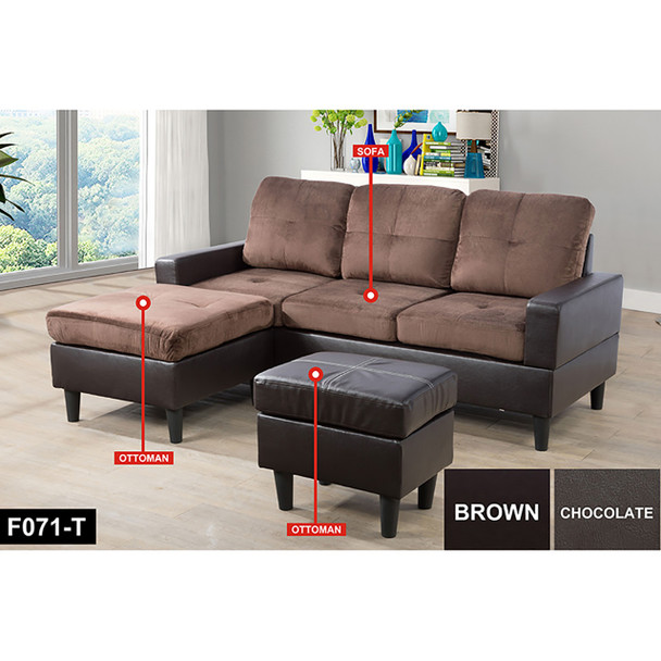 Brown Chocolate Faux Leather and PVC 3-Piece Living Room Set with Sofa Loveseat