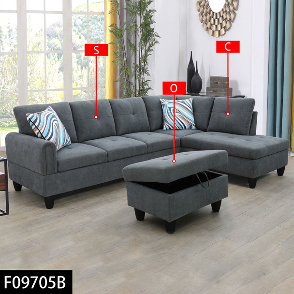Dark Gray 3-Piece Flannel Sectional Sofa with Right-Facing Chaise and Lift-Top