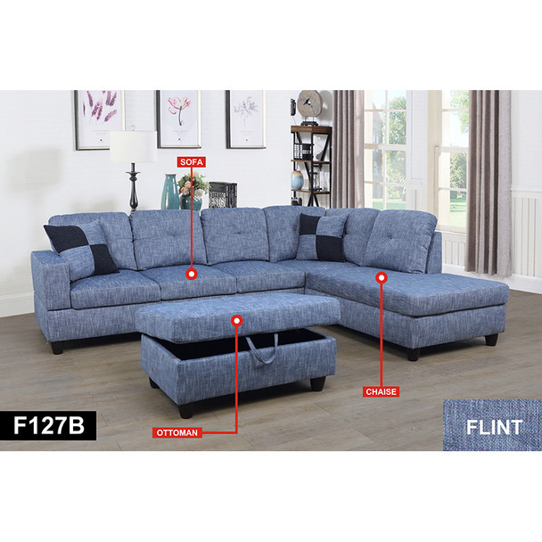 Flint Blue 3-Piece Linen Sectional Sofa with Right-Facing Chaise and Lift-Top