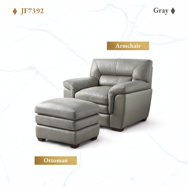 Gray Top-Grain Leather Armchair with Matching Ottoman Pillow-Top Arms and Finish