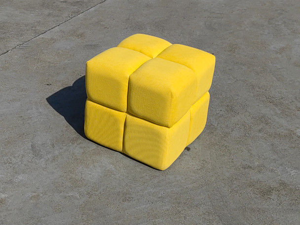Yellow Corduroy Cube Pouf Ottoman with Sculpted Woven Design and Occasional Seat