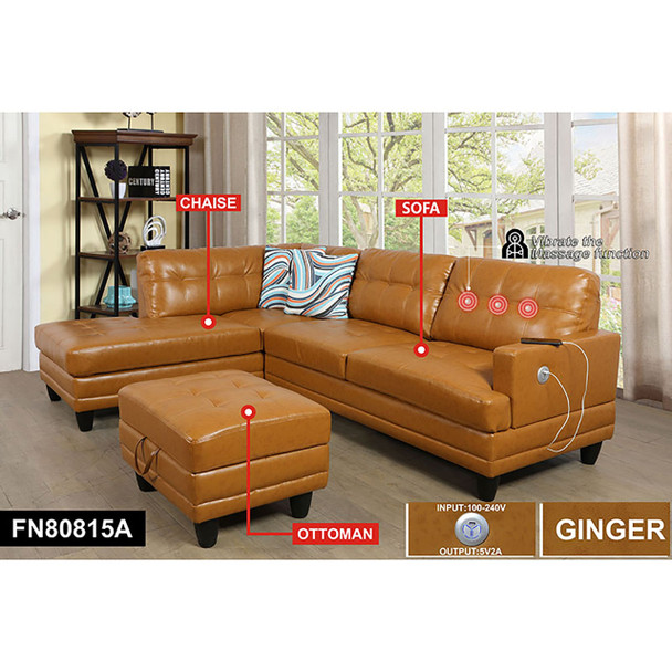 71.5-Inch Ginger Semi-PU Synthetic Leather 3-Piece Sectional with Left-Facing