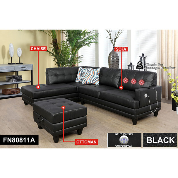 Black Gray Semi-PU Synthetic Leather 3-Piece Sectional with Left-Facing Chaise