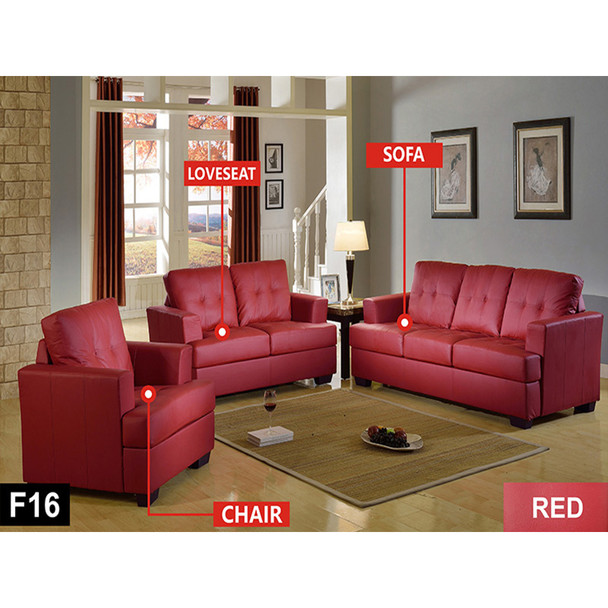 Red Recycled Leather Sofa with Accent Chairs Ottomans and Supportive Cushioning