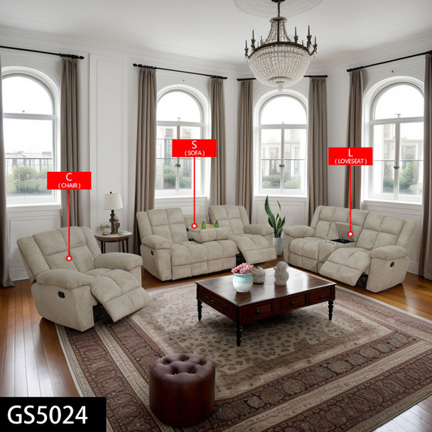 Beige Corduroy Reclining Loveseat with Comfortably Shaped Arms and Back Support