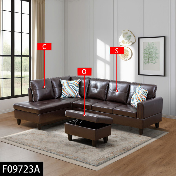Brown 3-Piece Faux Leather L-Shaped Sectional Sofa with Left-Side Chaise
