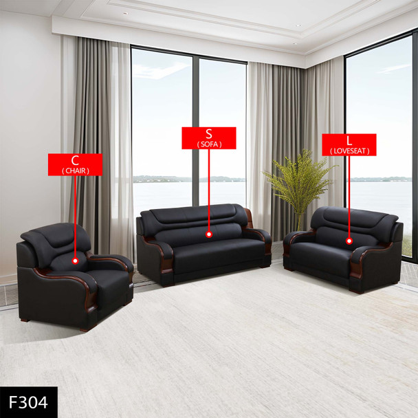 Black 3-Piece Cow Leather Living Room Set with Wood-Tone Arm Trim and Stitching