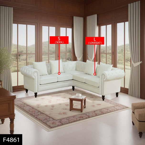 62.5-Inch White 2-Piece Flannelette Corner Sectional Sofa with Rolled Arms