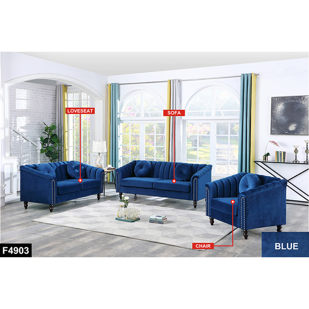 Blue Microfiber Living Room Armchair with Padded Back and Wide Arms and Sections