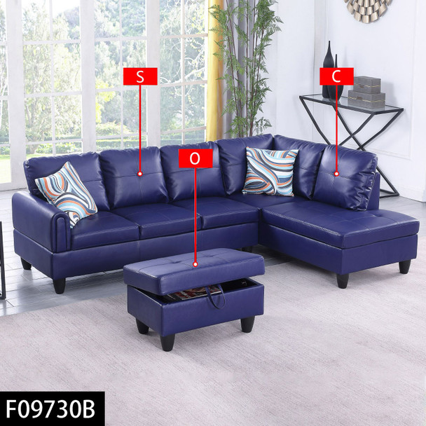 Deep Blue 3-Piece Faux Leather L-Shaped Sectional Sofa with Right-Side Chaise