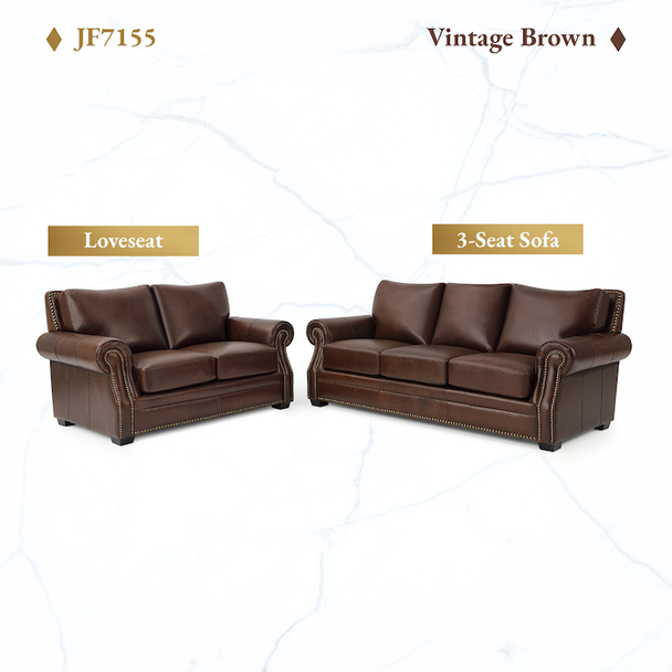 Vintage Brown 2-Piece Top-Grain Leather Living Room Set with Loveseat and 3-Seat
