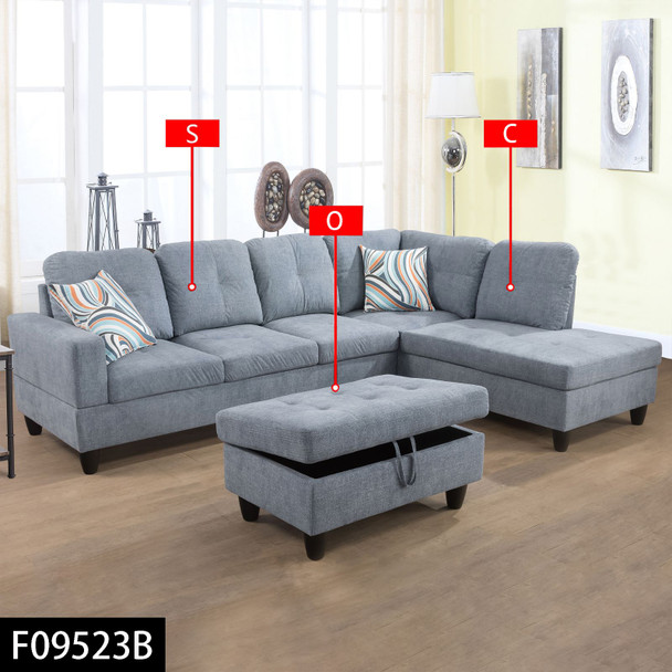 Ash Gray 3-Piece Flannel Sectional Sofa with Right-Facing Chaise and Lift-Top