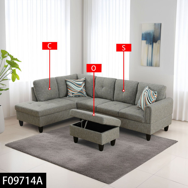 Gray Linen 3-Piece Corner Sectional Sofa with Left-Side Chaise and Lift-Top