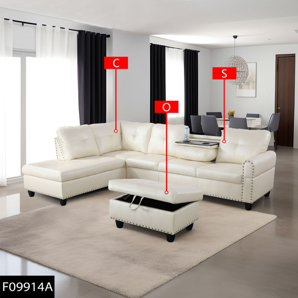 White 3-Piece Faux Leather Sectional Sofa with Left-Facing Chaise Storage