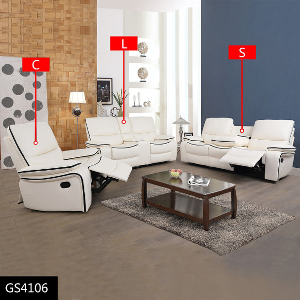 White 3-Piece Bonded Leather Reclining Living Room Set with Black Piping