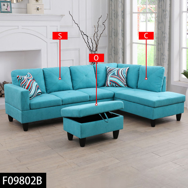 Light Blue 3-Piece Linen Sectional Sofa with Right-Facing Chaise and Lift-Top
