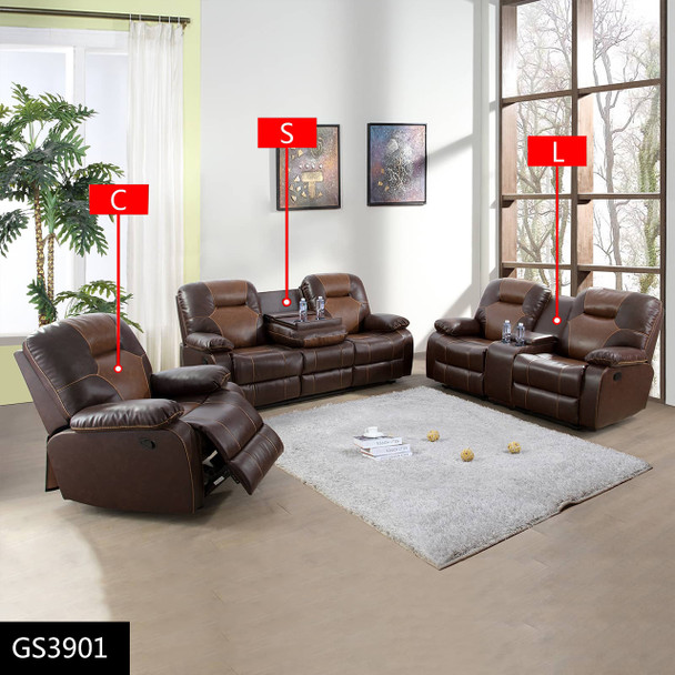 Brown 3-Piece Bonded Leather Manual Reclining Living Room Set with Sofa Console