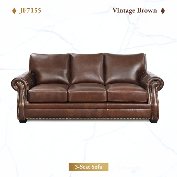 Vintage Brown Top-Grain Leather 3-Seat Sofa with Rolled Arms and Nailhead Trim