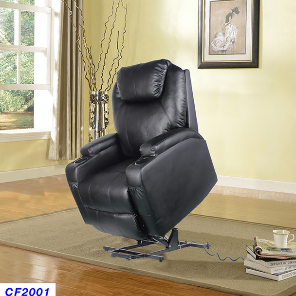 Black Faux Leather Power Lift Recliner Chair with Dual Cup Holders and Stitching