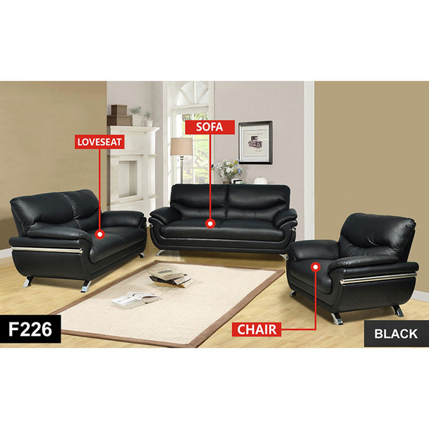 Black 3-Piece Recycled Leather Living Room Set with Sofa Loveseat and Armchair