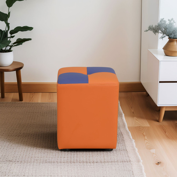 Orange and Blue Cat-Scratch Leather Square High Stool with Tufted Cushion