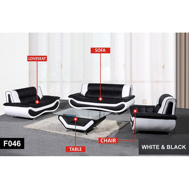 Black and White 3-Piece Recycled Leather Living Room Set with Sofa Loveseat