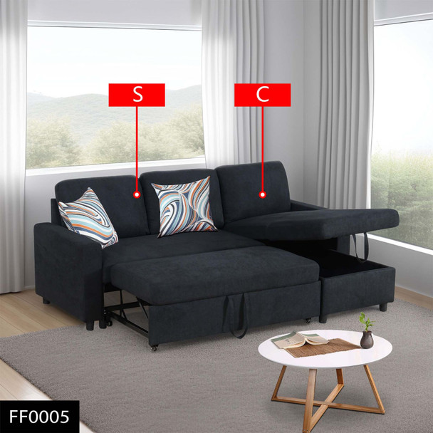 Black 2-Piece Flannelette Pull-Out Sleeper Sectional with Right-Facing Storage